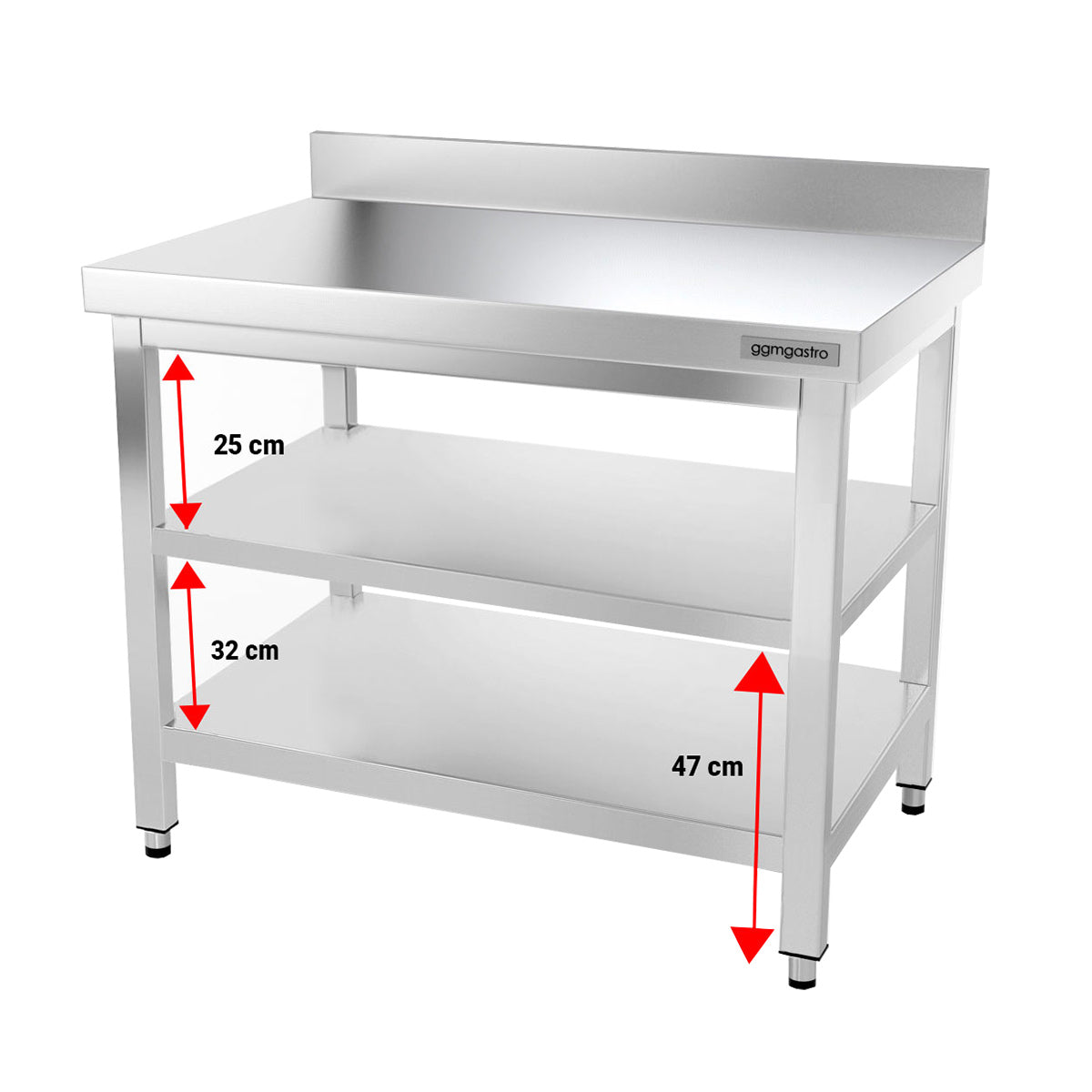 Rustfrit stål arbejdsbord PREMIUM - 1,0 m - med underhylde, mellemhylde & bagkant