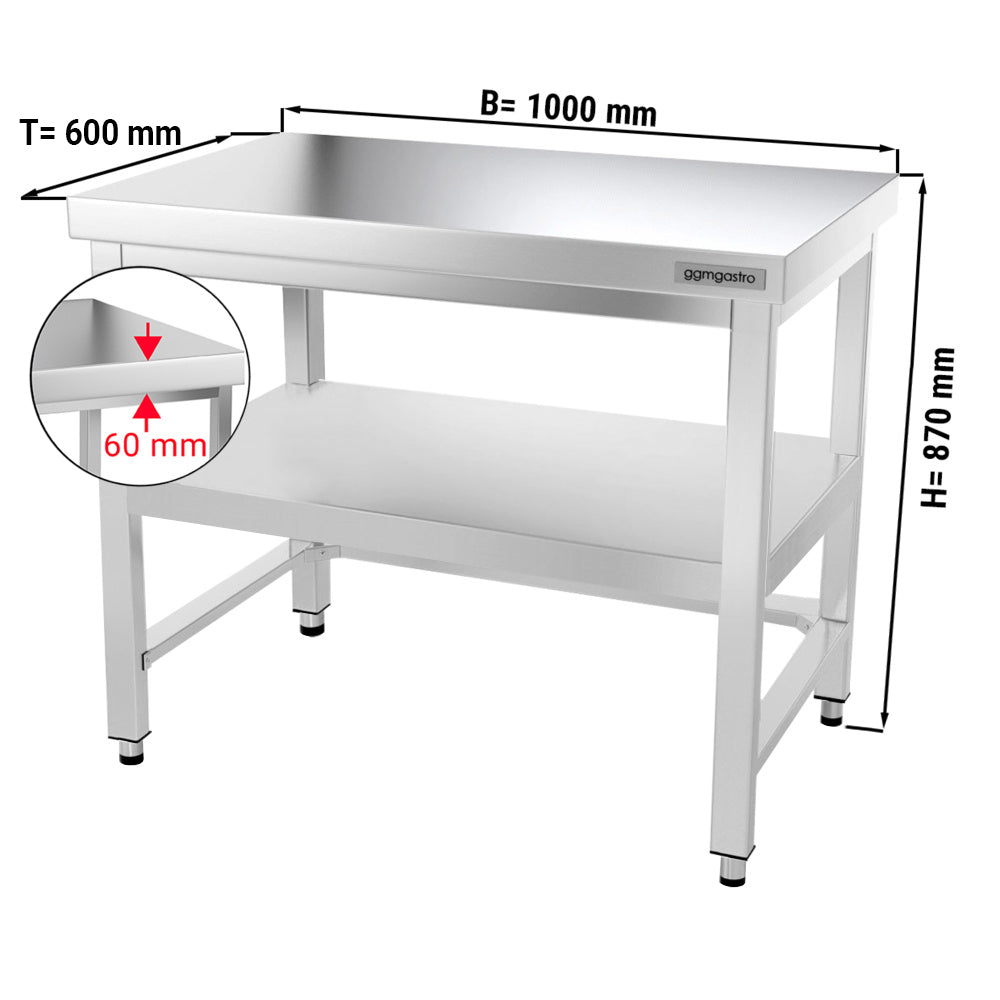 Rustfrit stål arbejdsbord PREMIUM 1,0 m - med underhylde, bagkant & afstivning