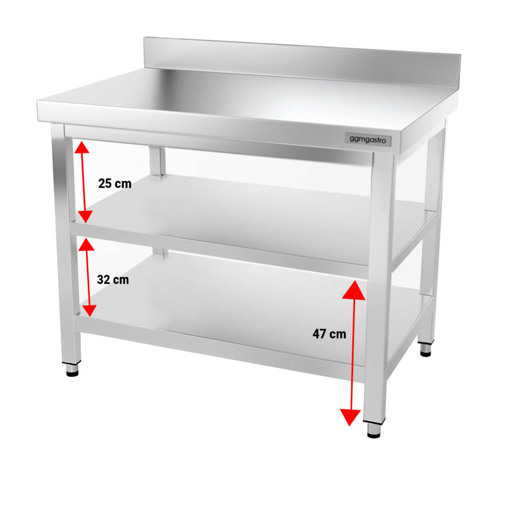 Rustfrit stål arbejdsbord PREMIUM - 1,0 m - med underhylde, bagkant & afstivning