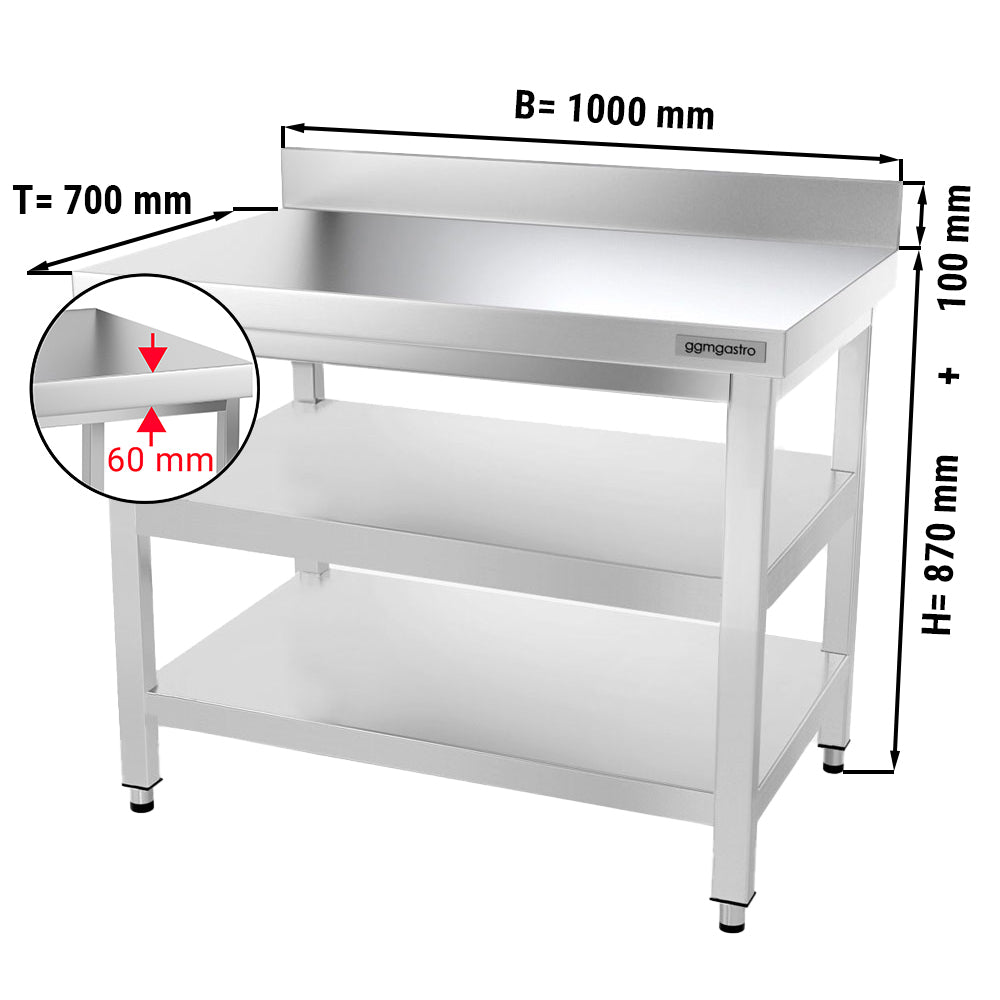 Rustfrit stål arbejdsbord PREMIUM - 1,0 m - med underhylde, mellemhylde & bagkant