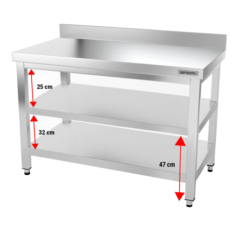 Rustfrit stål arbejdsbord PREMIUM - 1,2 m - med underhylde, bagkant & afstivning