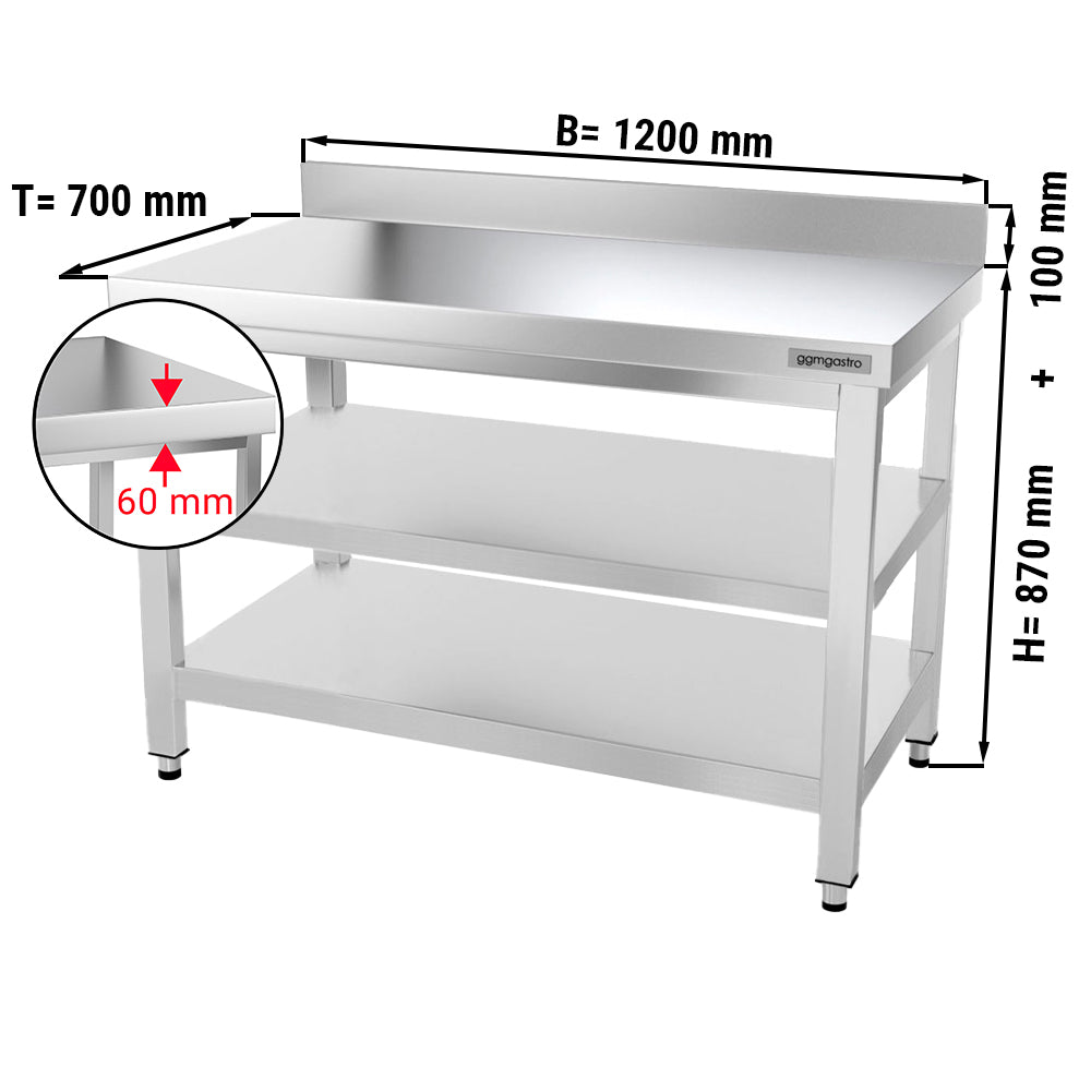 Rustfrit stål arbejdsbord PREMIUM - 1,2 m - med underhylde, mellemhylde & bagkant