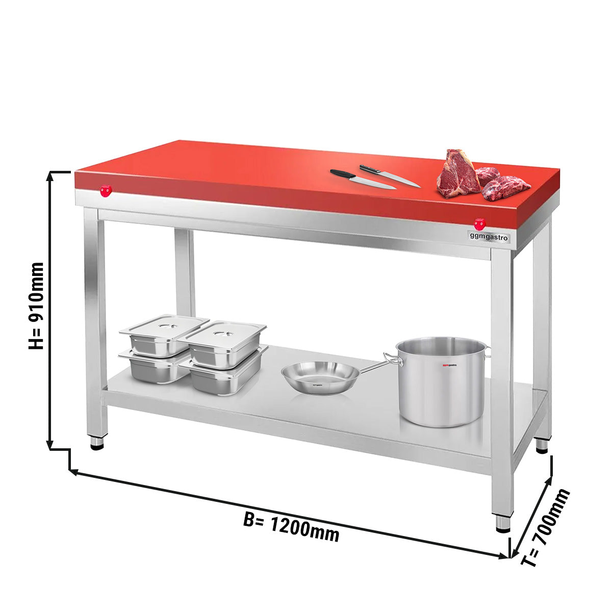 Arbejdsbord i rustfrit stål PREMIUM - 1,2 m - med underhylde - inkl. skæreplade i rød