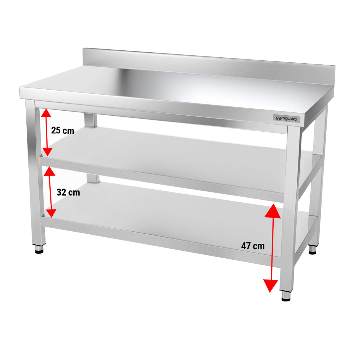 Rustfrit stål arbejdsbord PREMIUM - 1,4 m - med underhylde, mellemhylde & bagkant