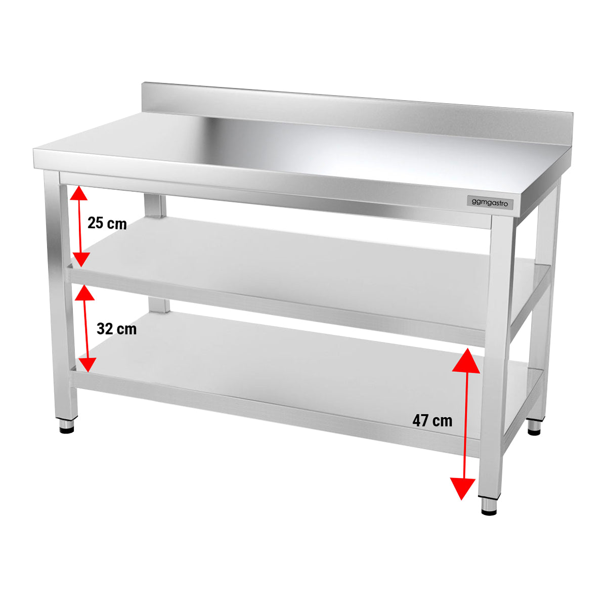 Rustfrit stål arbejdsbord PREMIUM 1,4 m - med underhylde og bagkant