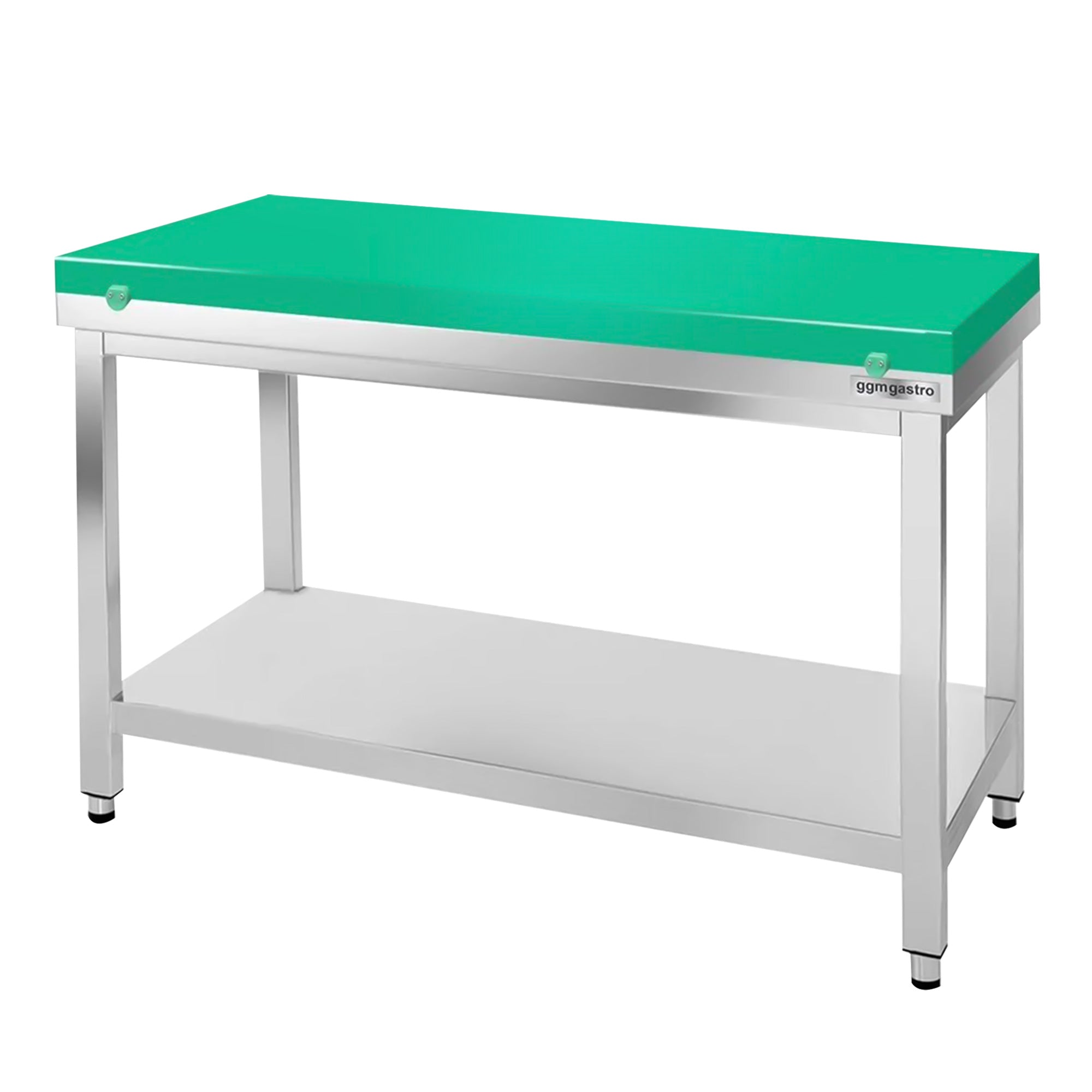 Arbejdsbord i rustfrit stål PREMIUM - 1,4 m - med underhylde - inkl. skæreplade i grøn