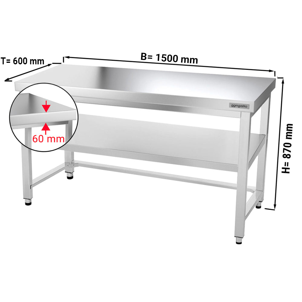 Rustfrit stål arbejdsbord PREMIUM - 1,5 m - med underhylde & afstivning