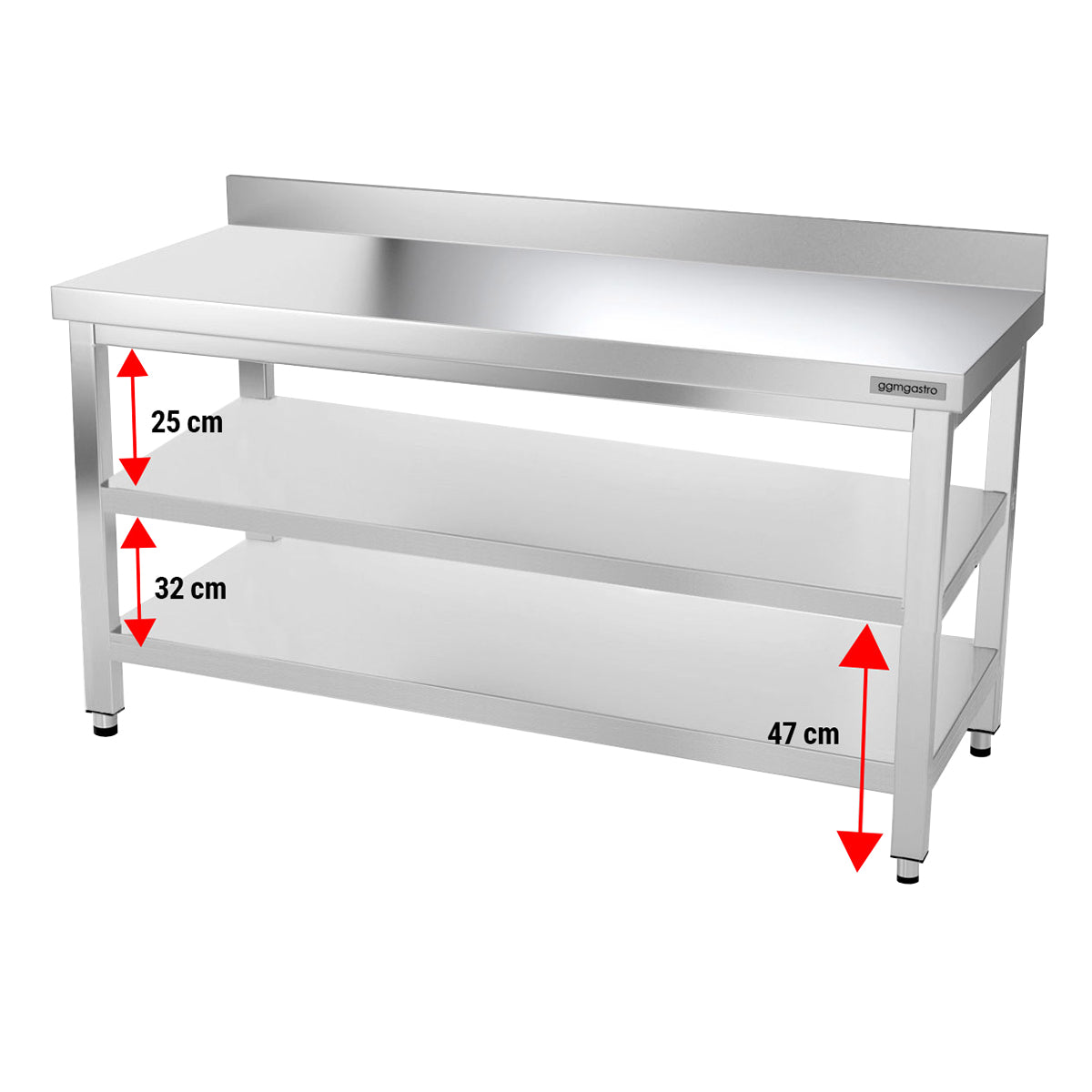 Rustfrit stål arbejdsbord PREMIUM 1,5 m - med underhylde og bagkant