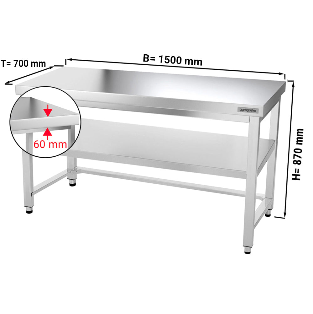 Rustfrit stål arbejdsbord PREMIUM - 1,5 m - med underhylde & afstivning