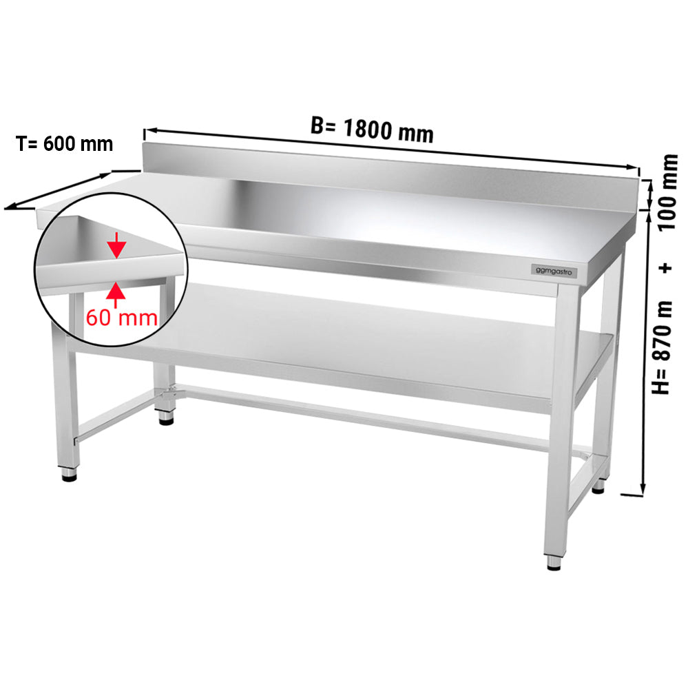 Rustfrit stål arbejdsbord PREMIUM - 1,8 m - med underhylde, bagkant & afstivning