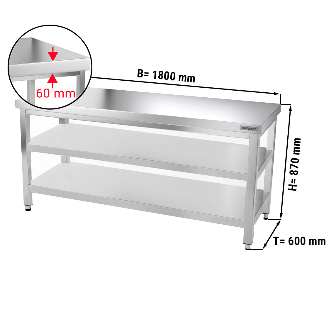 Rustfrit stål arbejdsbord PREMIUM - 1,8 m - med underhylde & mellemhylde