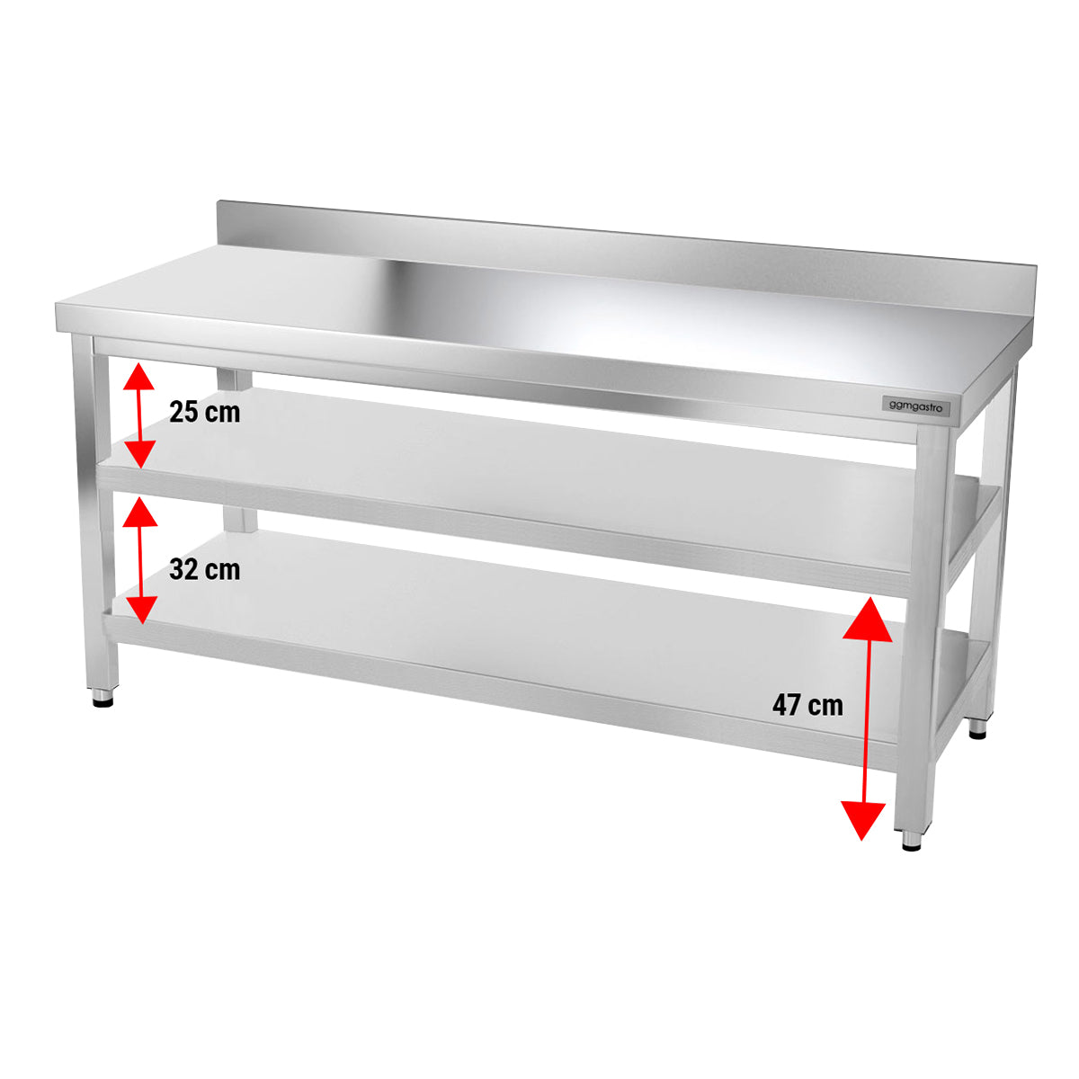 Rustfrit stål arbejdsbord PREMIUM 1,8 m - med underhylde og bagkant