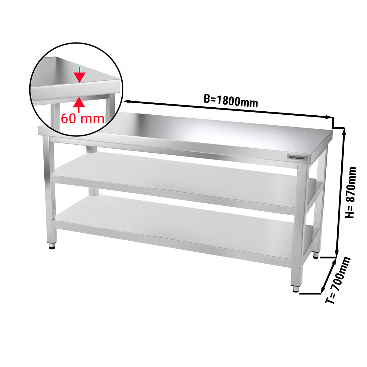 Rustfrit stål arbejdsbord PREMIUM - 1,8 m - med underhylde & mellemhylde