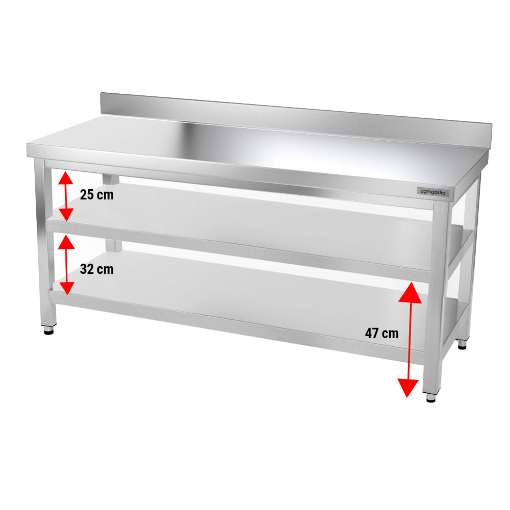 Rustfrit stål arbejdsbord PREMIUM - 1,8 m - med underhylde, afstivning & bagkant