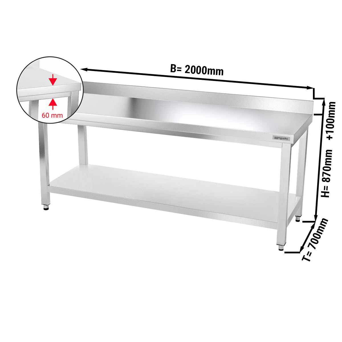 Rustfrit stål arbejdsbord PREMIUM 2,0 m - med underhylde og bagkant