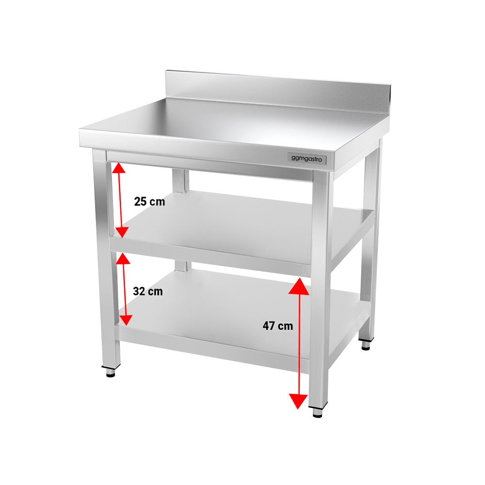 Rustfrit stål arbejdsbord PREMIUM - 0,6 m - med underhylde, mellemhylde & bagkant