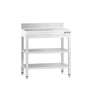 Arbejdsbord i rustfrit stål PREMIUM - 600x600 mm - med underhylde, bagkant & mellemhylde