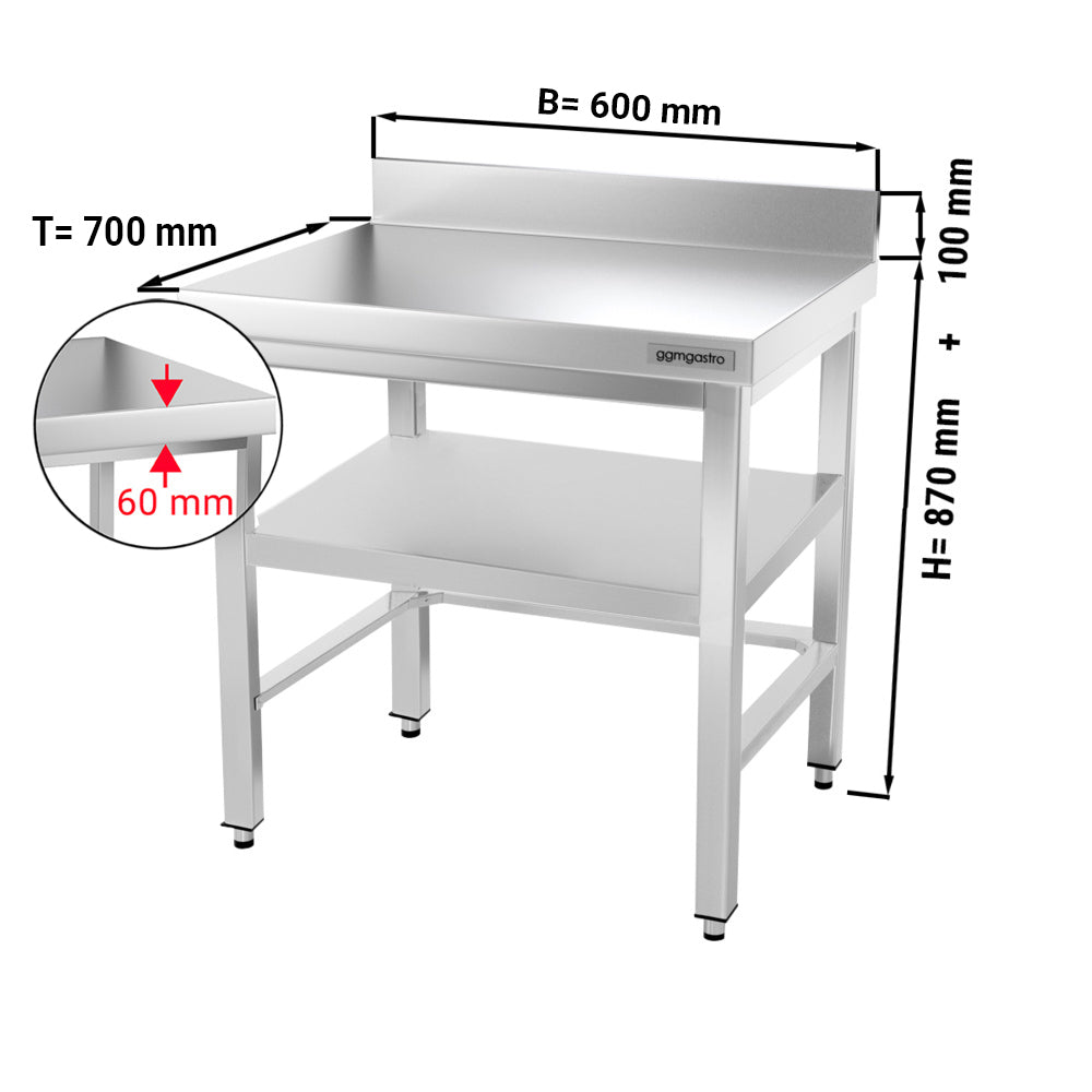 Rustfrit stål arbejdsbord PREMIUM - 0,6 m - med underhylde, afstivning & bagkant