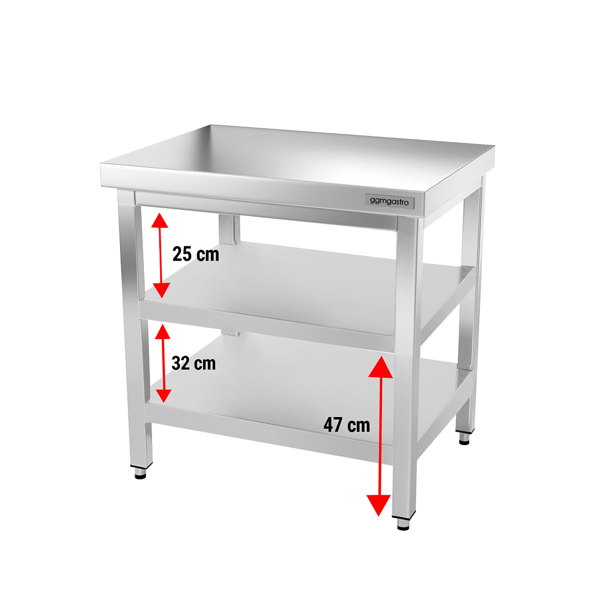 Rustfrit stål arbejdsbord PREMIUM - 0,6 m - med underhylde & mellemhylde