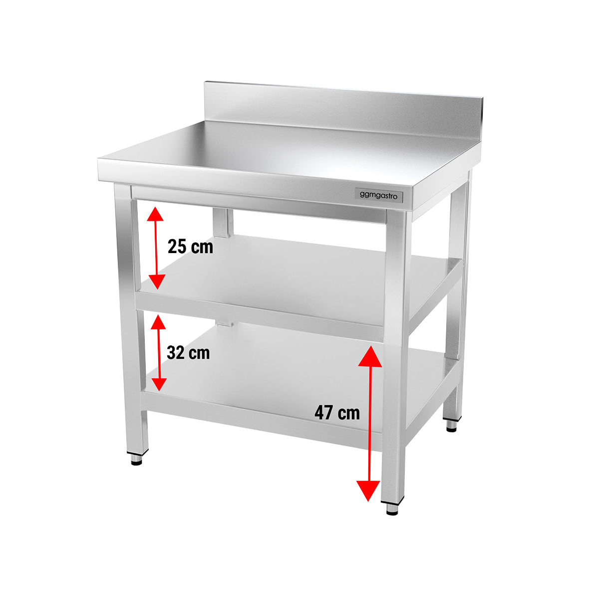 Rustfrit stål arbejdsbord PREMIUM 0,7 m - med underhylde og bagkant