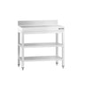 Arbejdsbord i rustfrit stål PREMIUM - 700x700 mm - med underhylde, bagkant & mellemhylde