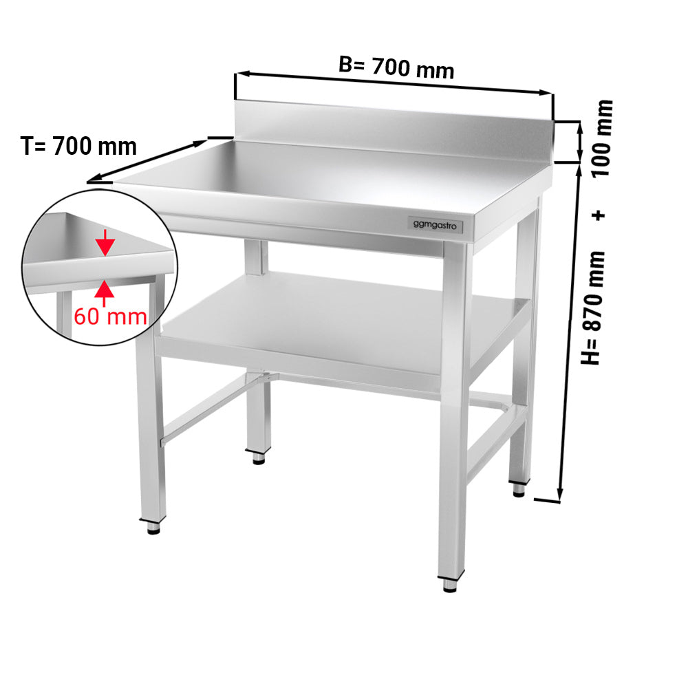 Rustfrit stål arbejdsbord PREMIUM - 0,7 m - med underhylde, afstivning & bagkant