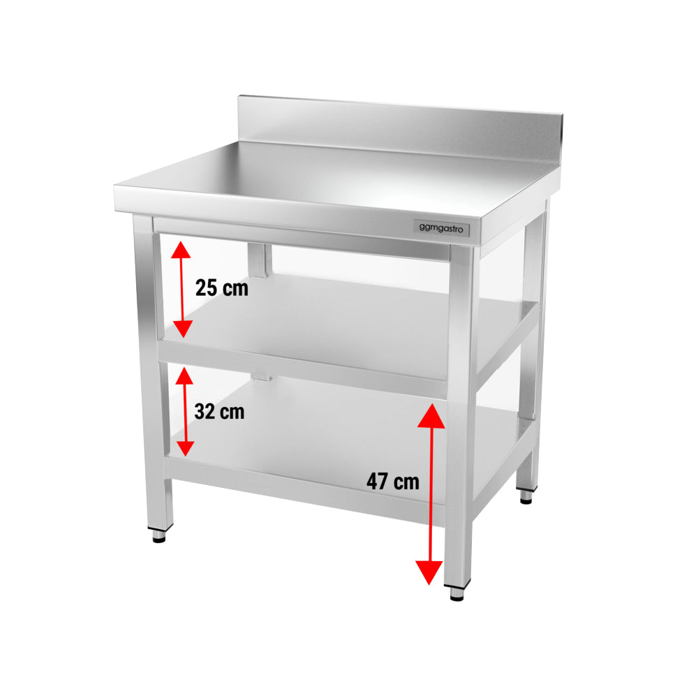 Rustfrit stål arbejdsbord PREMIUM - 0,8 m - med underhylde, afstivning & bagkant