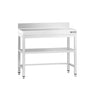 Arbejdsbord i rustfrit stål PREMIUM - 800x700 mm - med underhylde & bagkant & forstærket ramme