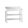 Arbejdsbord i rustfrit stål PREMIUM - 800x600 mm - med underhylde, bagkant & mellemhylde
