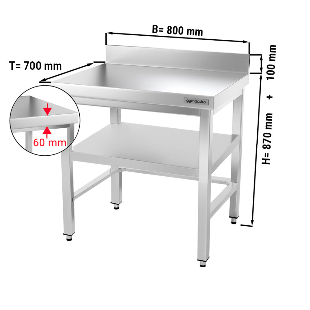 Rustfrit stål arbejdsbord PREMIUM - 0,8 m - med underhylde, afstivning & bagkant