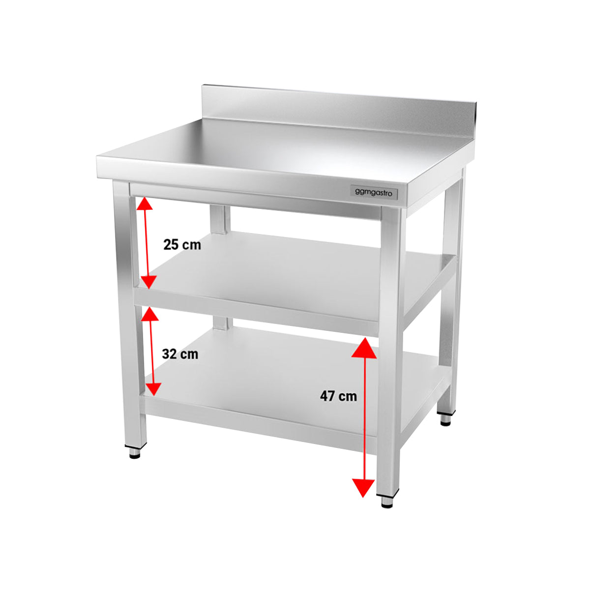 Rustfrit stål arbejdsbord PREMIUM - 0,8 m - med underhylde, mellemhylde & bagkant