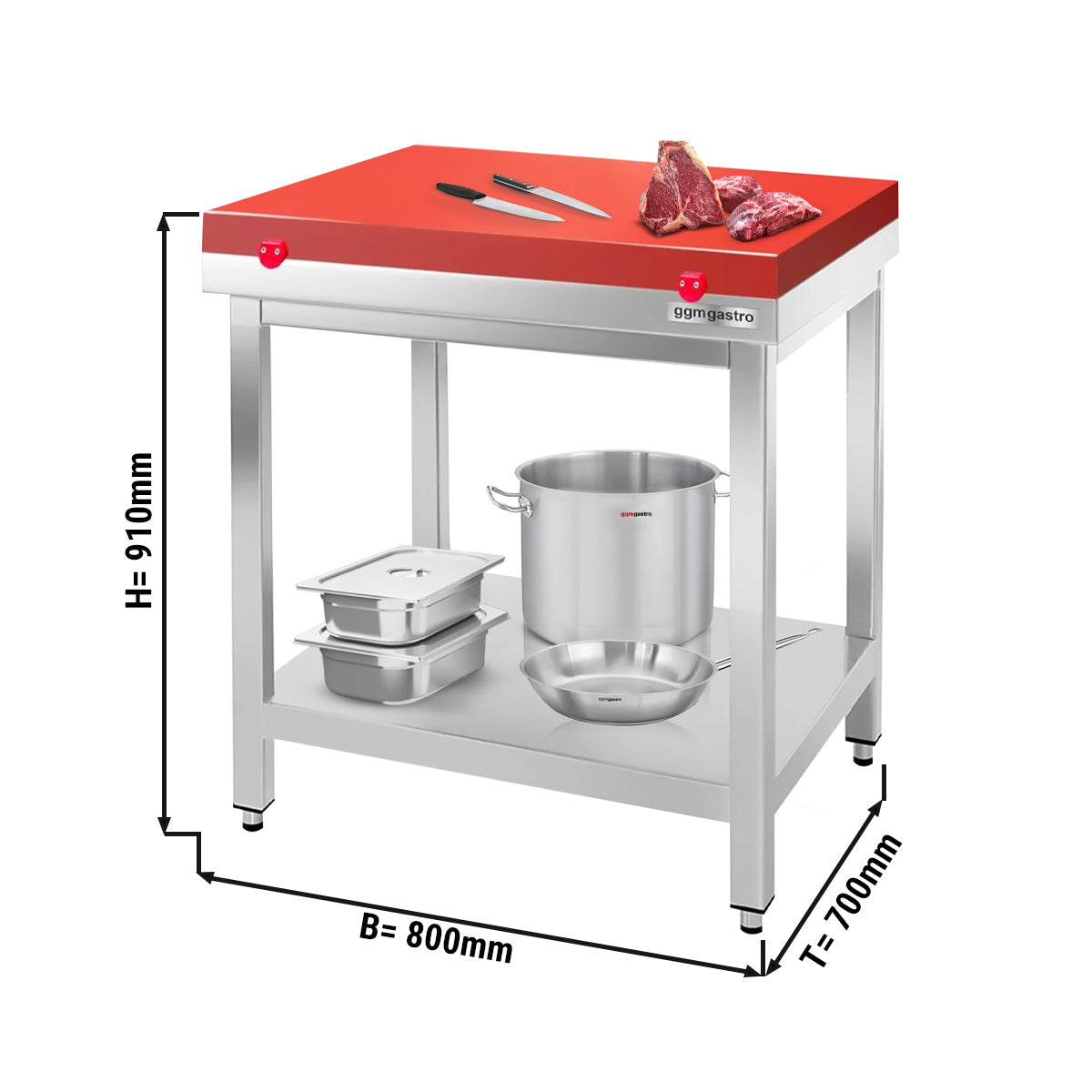 Arbejdsbord i rustfrit stål PREMIUM - 0,8 m - med underhylde - inkl. skæreplade i rød