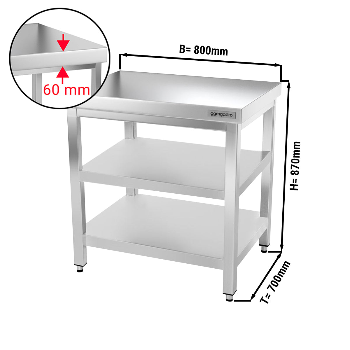 Rustfrit stål arbejdsbord PREMIUM - 0,8 m - med underhylde & mellemhylde