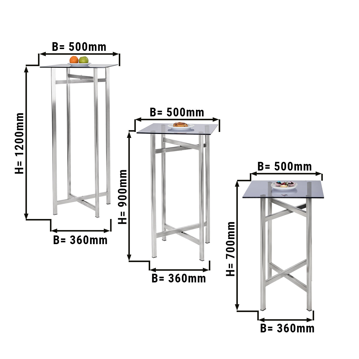 (3 stk.) Side/kaffebordssæt - sammenklappelig højde - 70, 90 & 120 cm