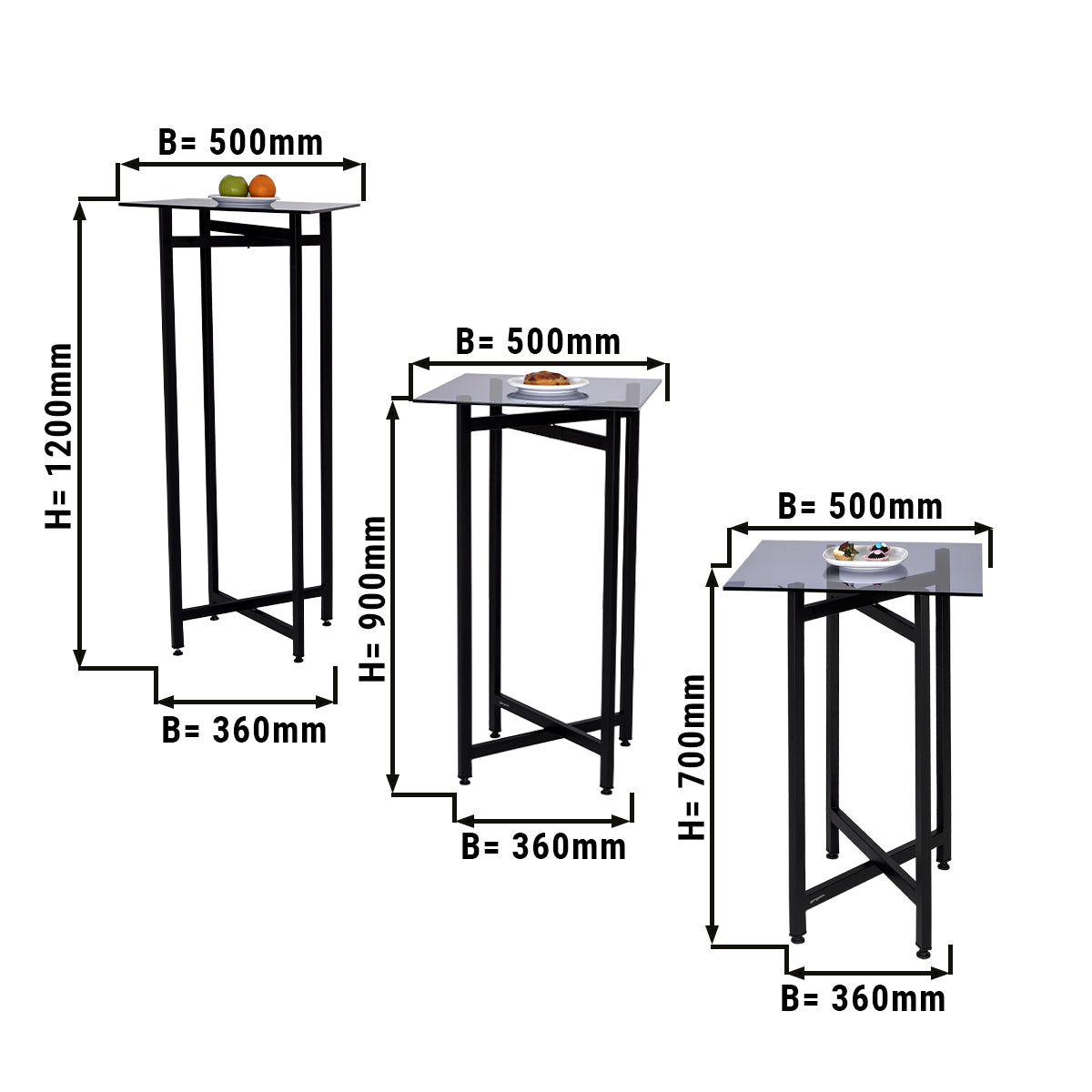 (3 stk.) Side/kaffebordssæt - sammenklappelig højde - 70, 90 & 120 cm