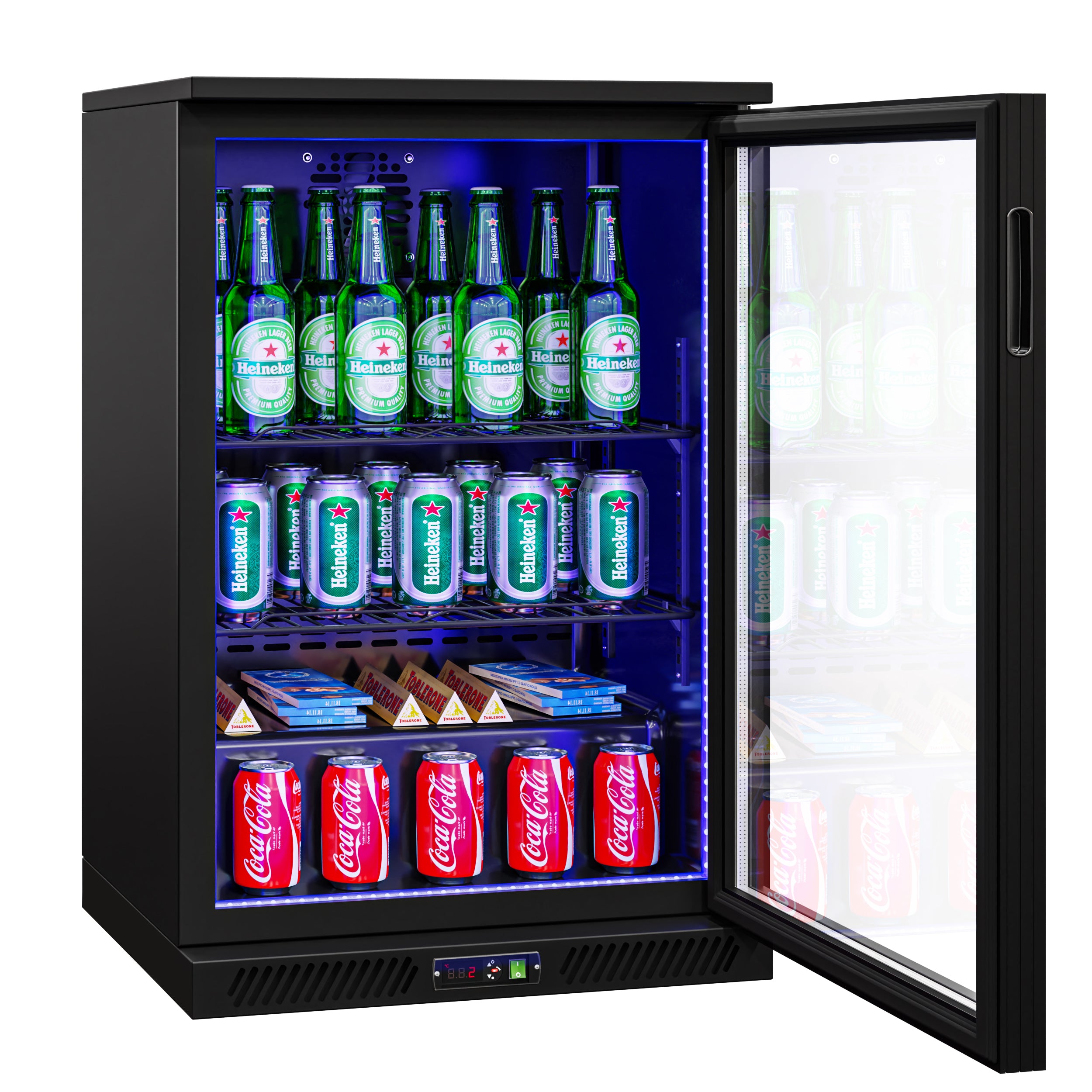 Barkøleskab - 600 mm - 130 liter - LED-belysning og 1 hængslet dør - Sort udvendigt og indvendigt