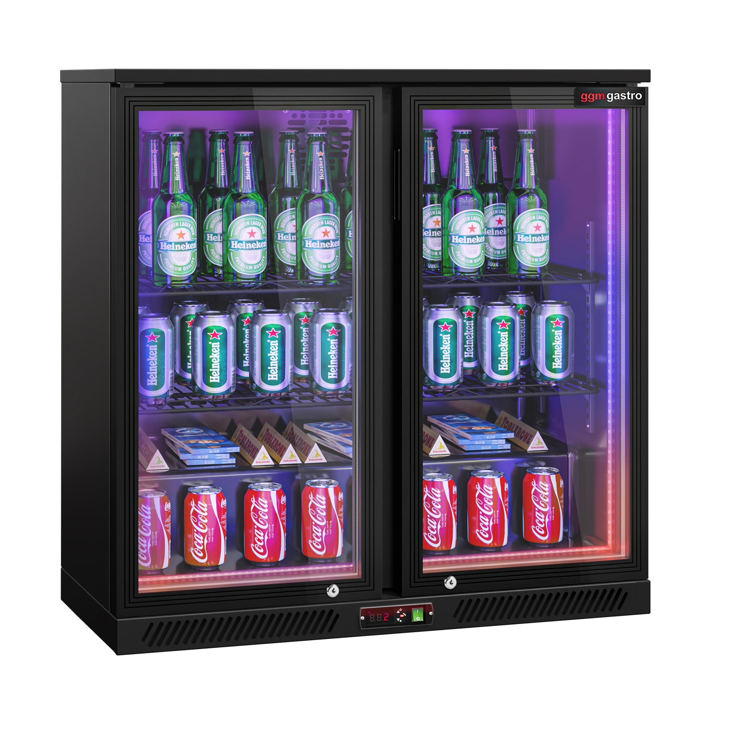 Barkøleskab - 900 mm - 220 liter - LED-belysning og 2 hængslede døre - udvendigt og indvendigt sort