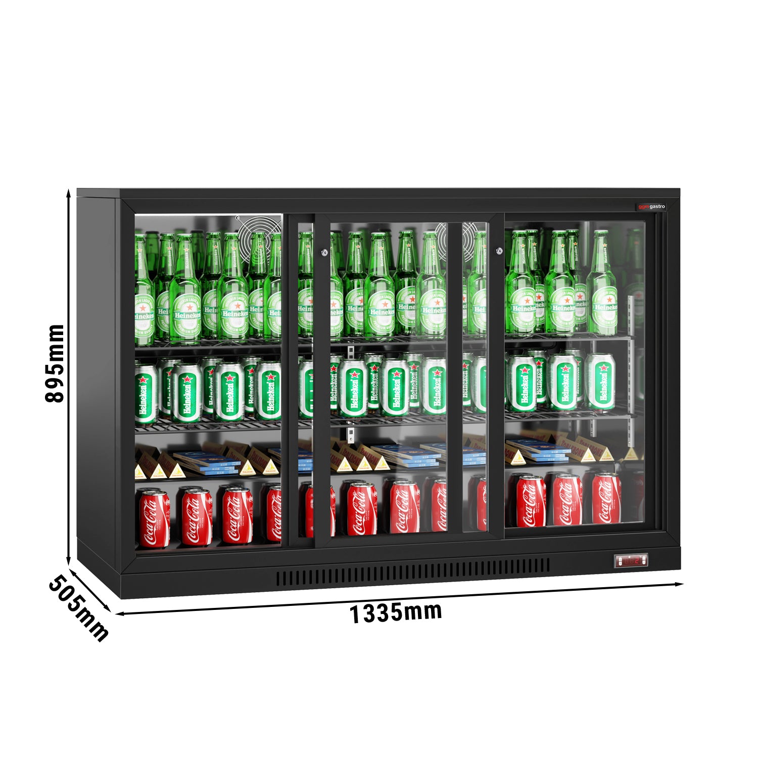 Bar køleskabsbord - 1,33 m - 320 liter - med 3 skydedøre og 2 hylder - Sort