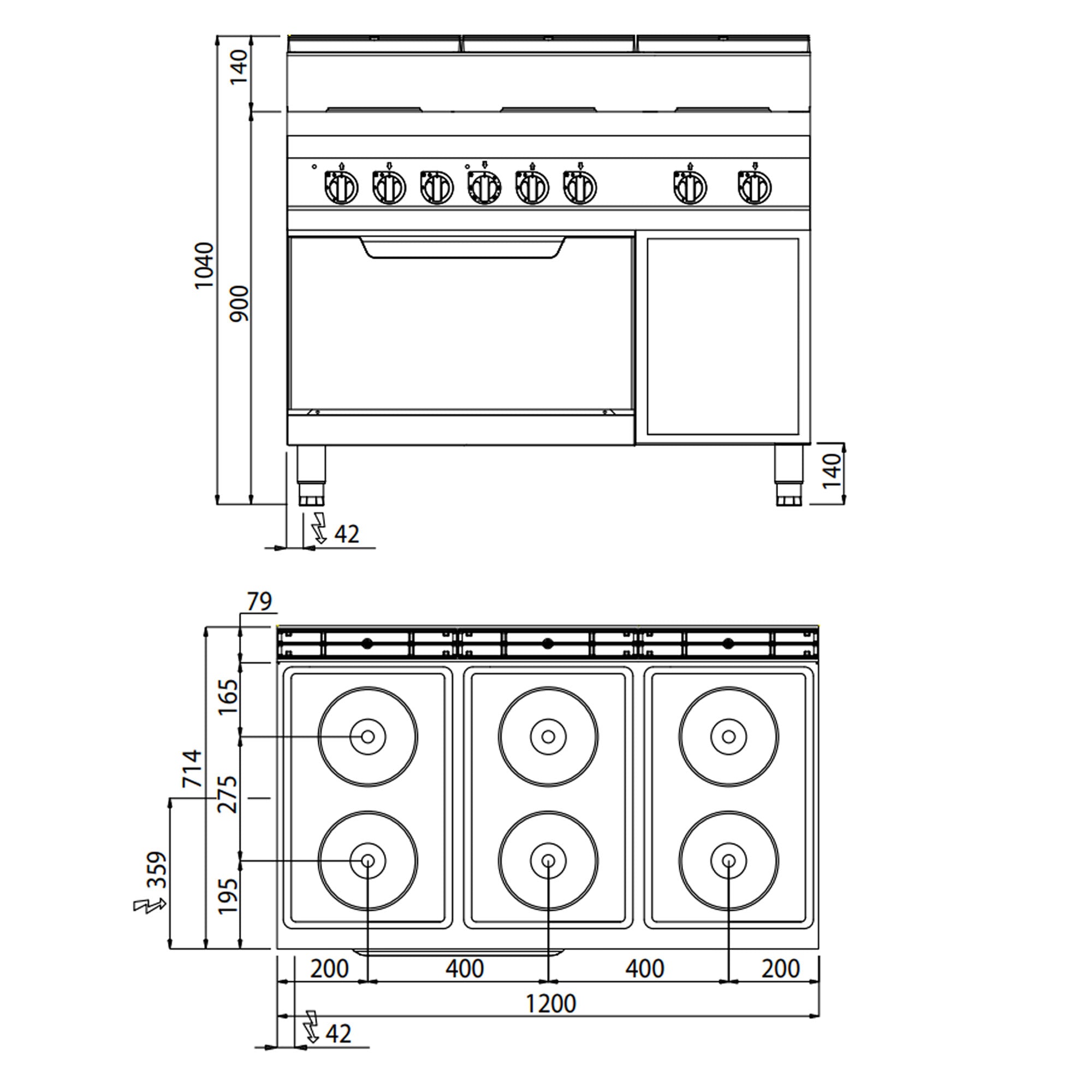 Elektrisk komfur 6 plader (15,6 kW) + statisk elektrisk ovn(7,5 kW)