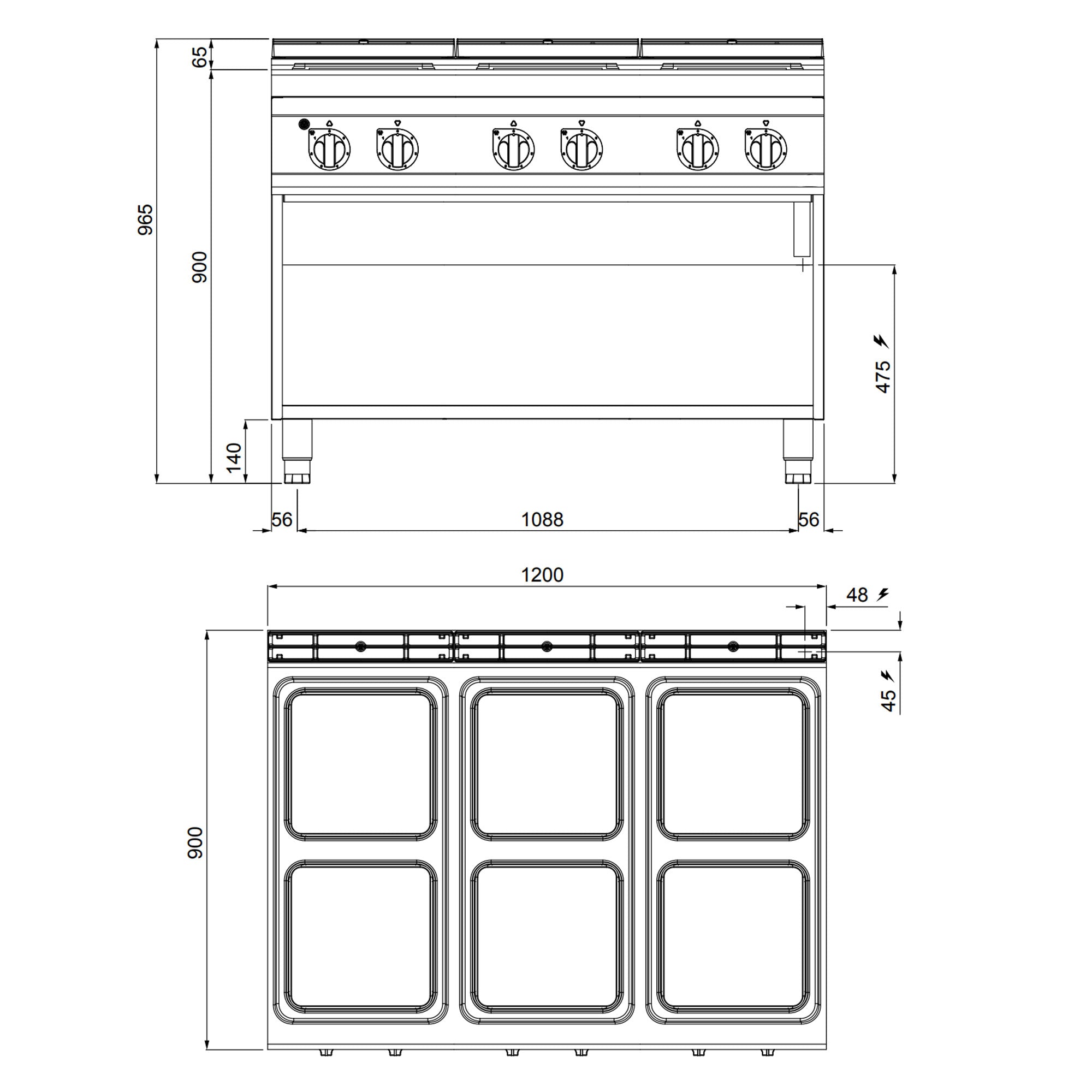 Elektrisk komfur 6 firkantede plader (21 kW)