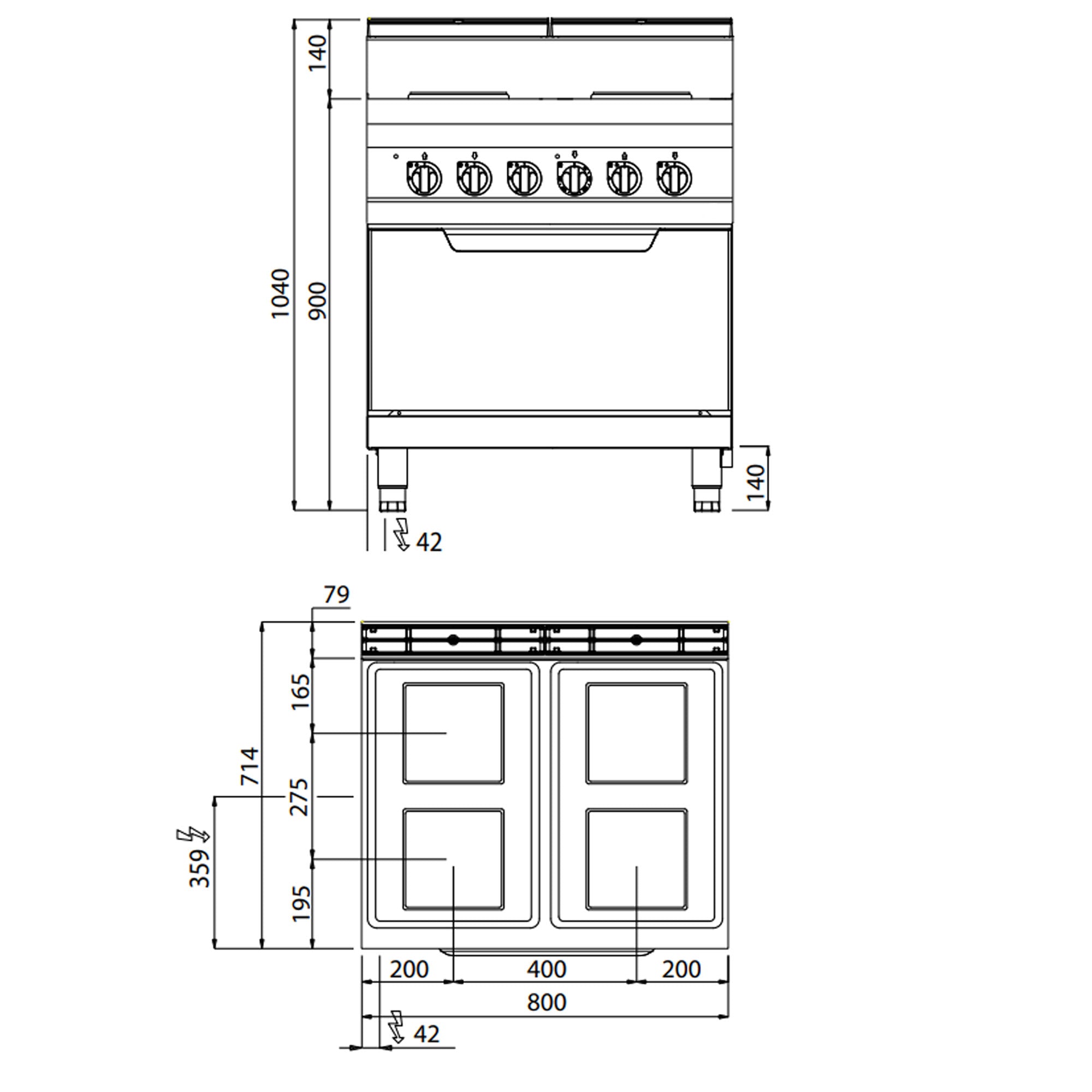 Elektrisk komfur 4 plader (10,4 kW) + statisk elektrisk ovn(7,5 kW)