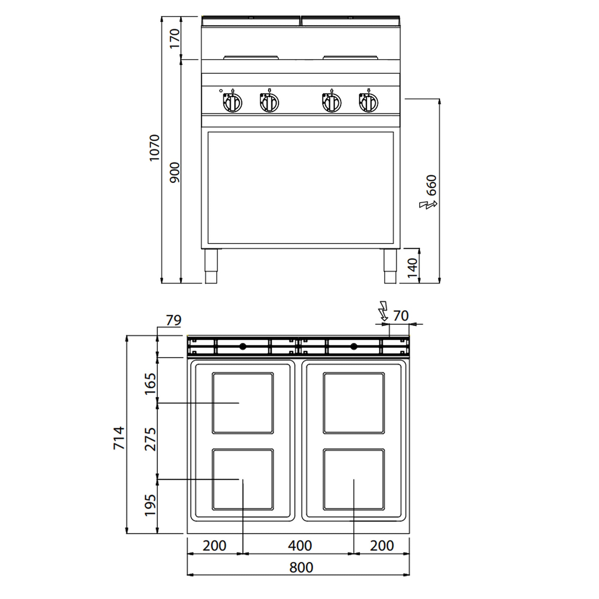 Elektrisk komfur 4 firkantede plader (10,4 kW)