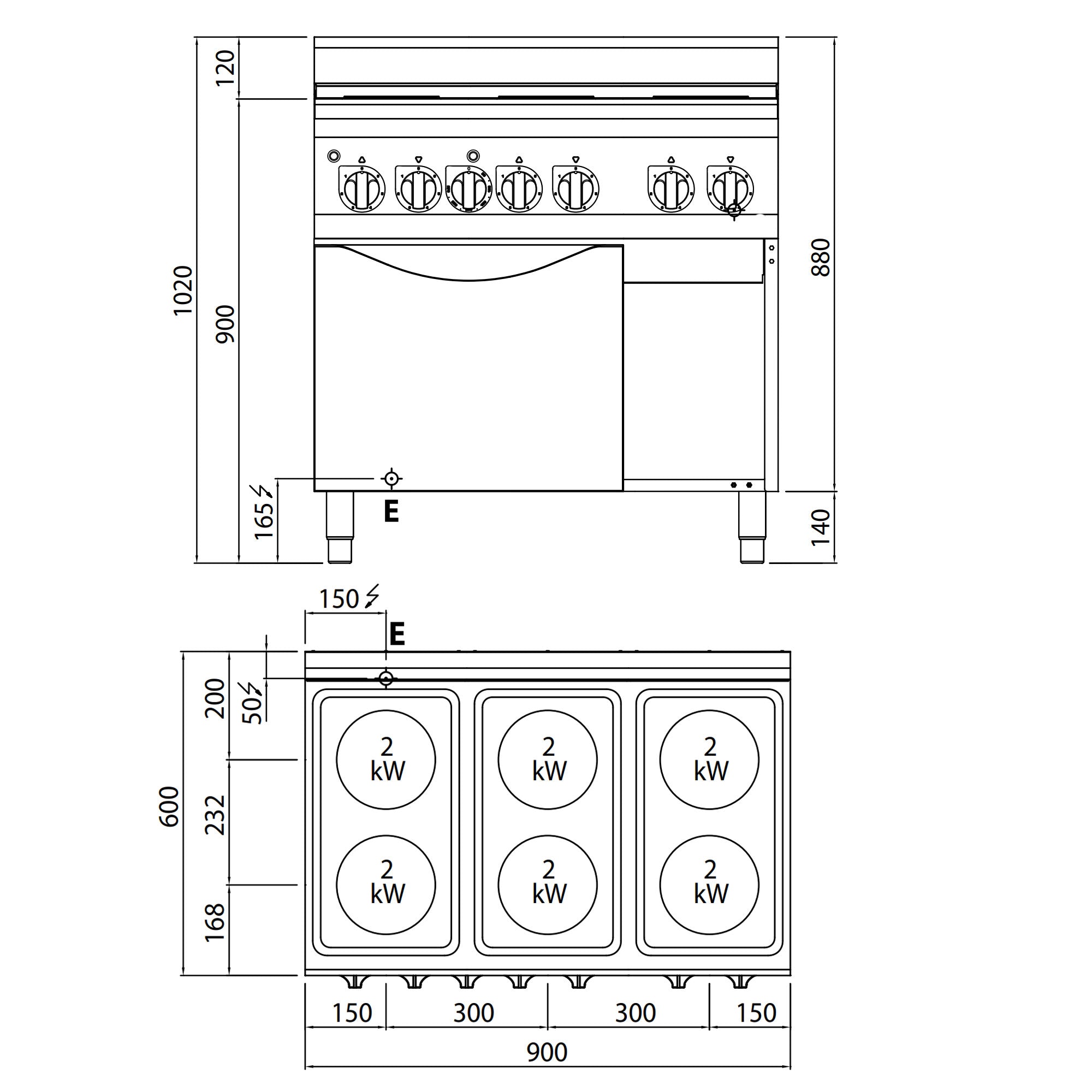 Elektrisk komfur 6 runde plader (12 kW) + elektrisk ovn (3 kW)