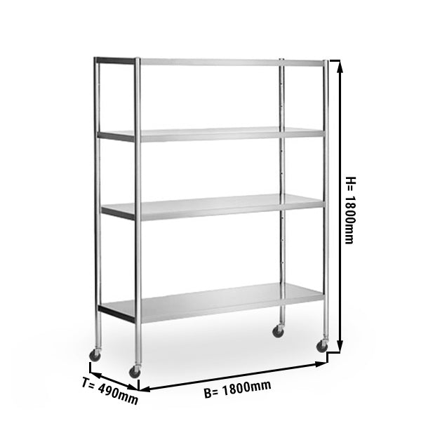 Hylde i rustfrit stål  - 1,8 x 0,5 m - med 4 hylder (JUSTERBAR) - inkl. 4 hjul