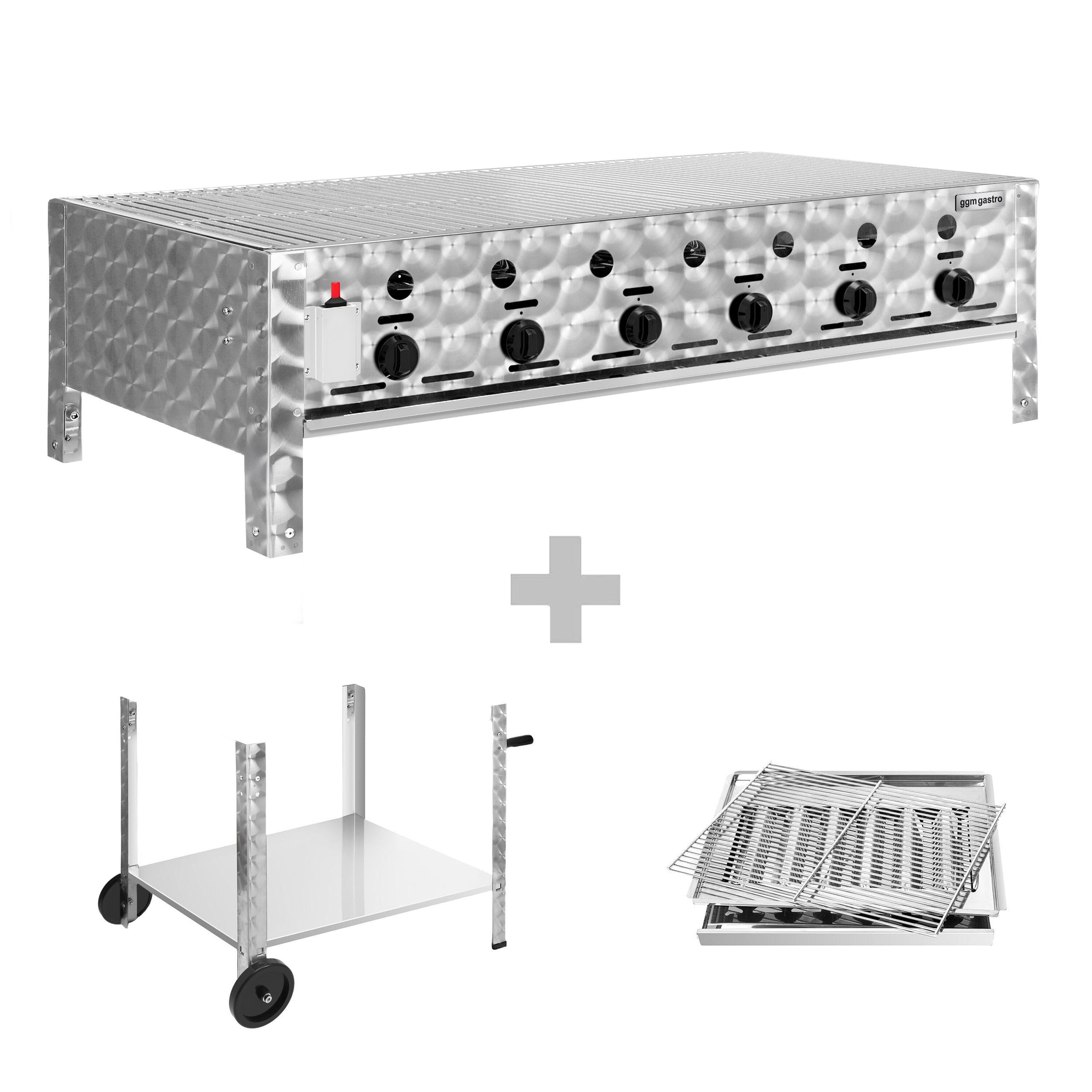 Gasgrill - 22,5 kW - 6 brændere - inkl. mobil base, grillstativ og bakke