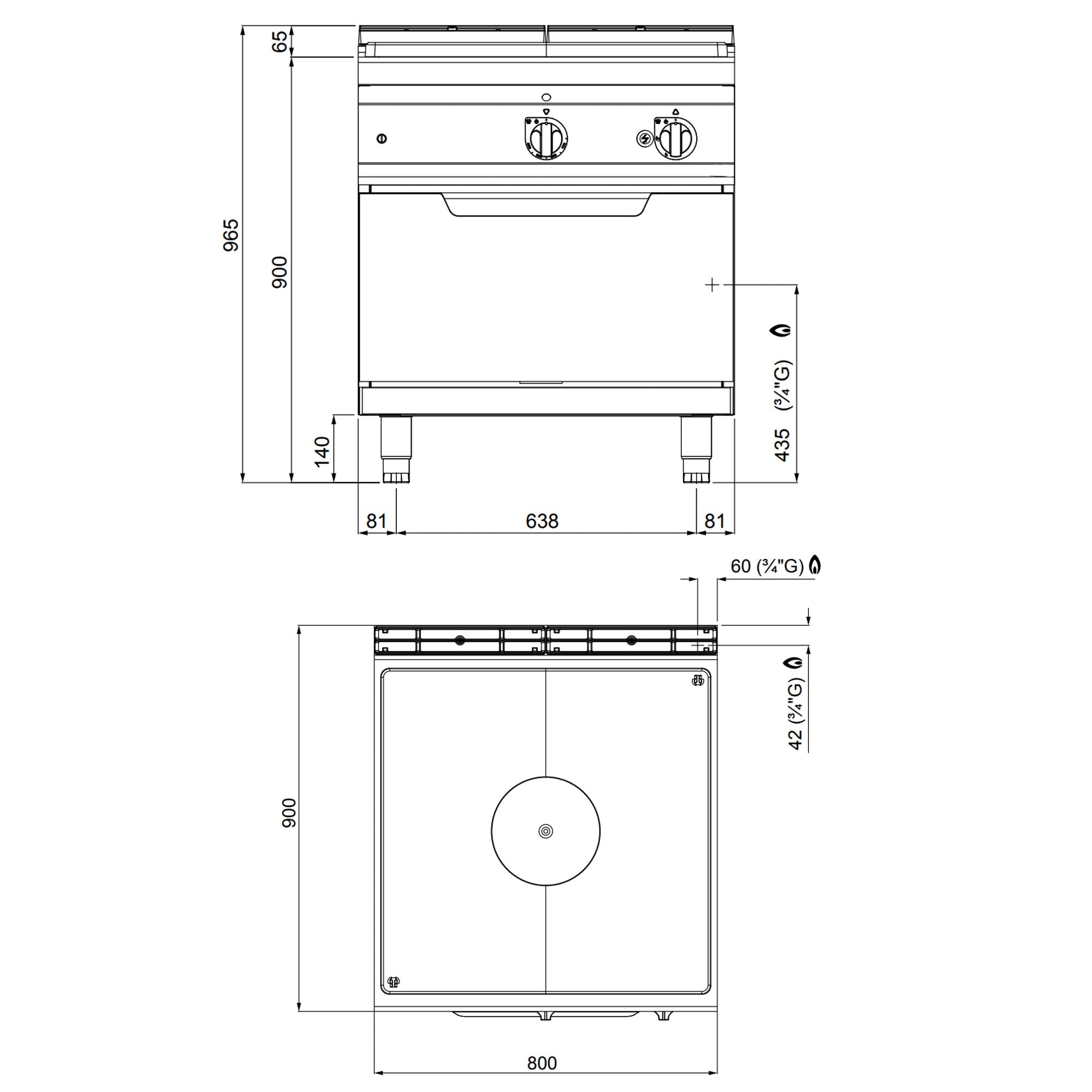 Glødepladekomfur (13 kW) + gasovn (7,8 kW)