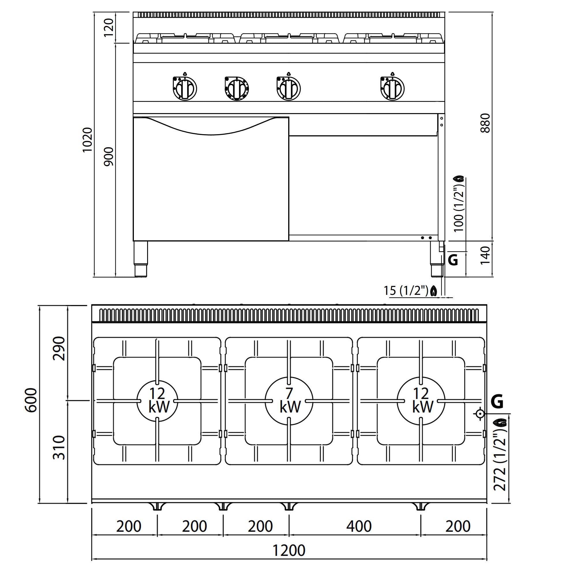 Gaskogebord 3 Brænder (34,5 kW) + Statisk gasovn (3,5 kW)