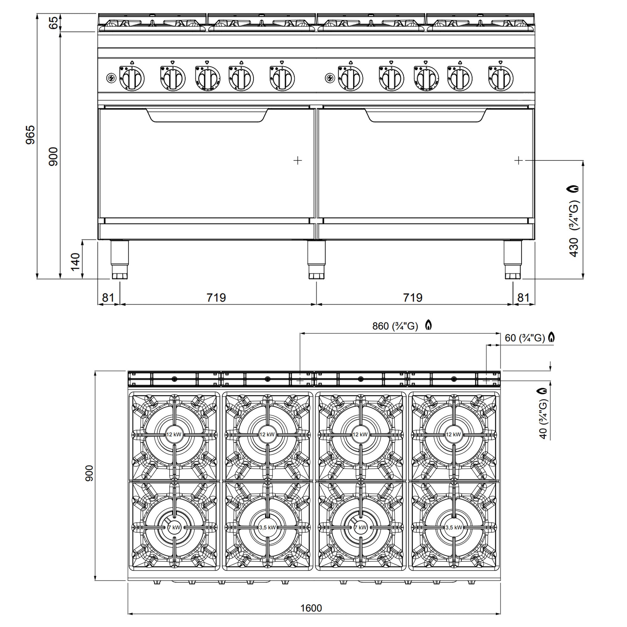 Gaskogebord 8 Brænder (69 kW) & 2 Gasovn (7,6 kW)