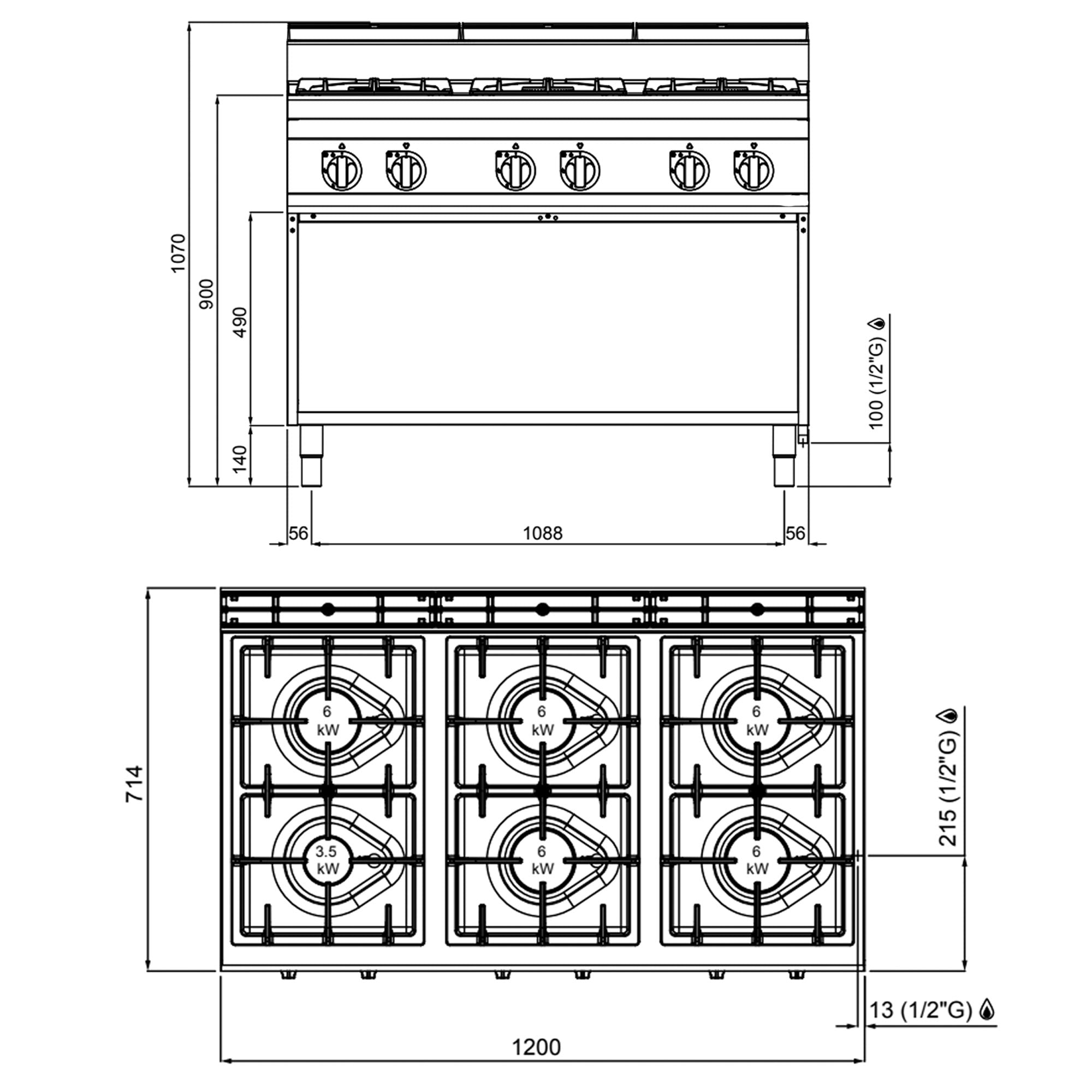 Gaskogebord 6 Brænder (31,5 kW)