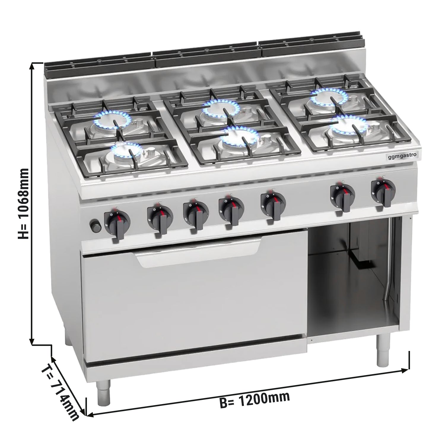 Gaskogebord 6 x Brænder (33,5 kW) + elektrisk statisk ovn (7,5 kW)